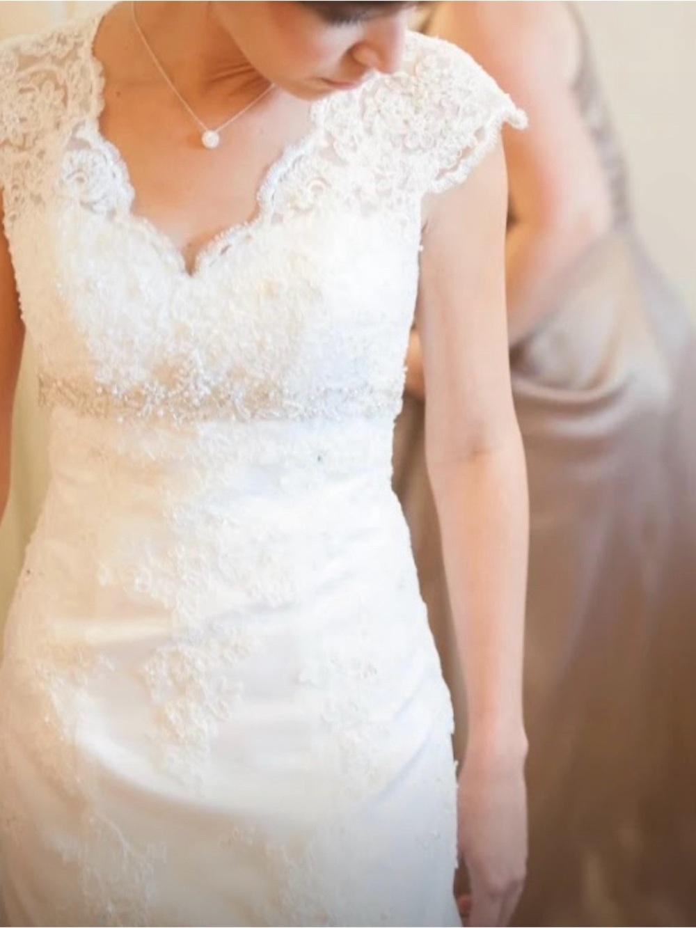 David’s bridal Lace Cap-Sleeve Bridal Gown in White